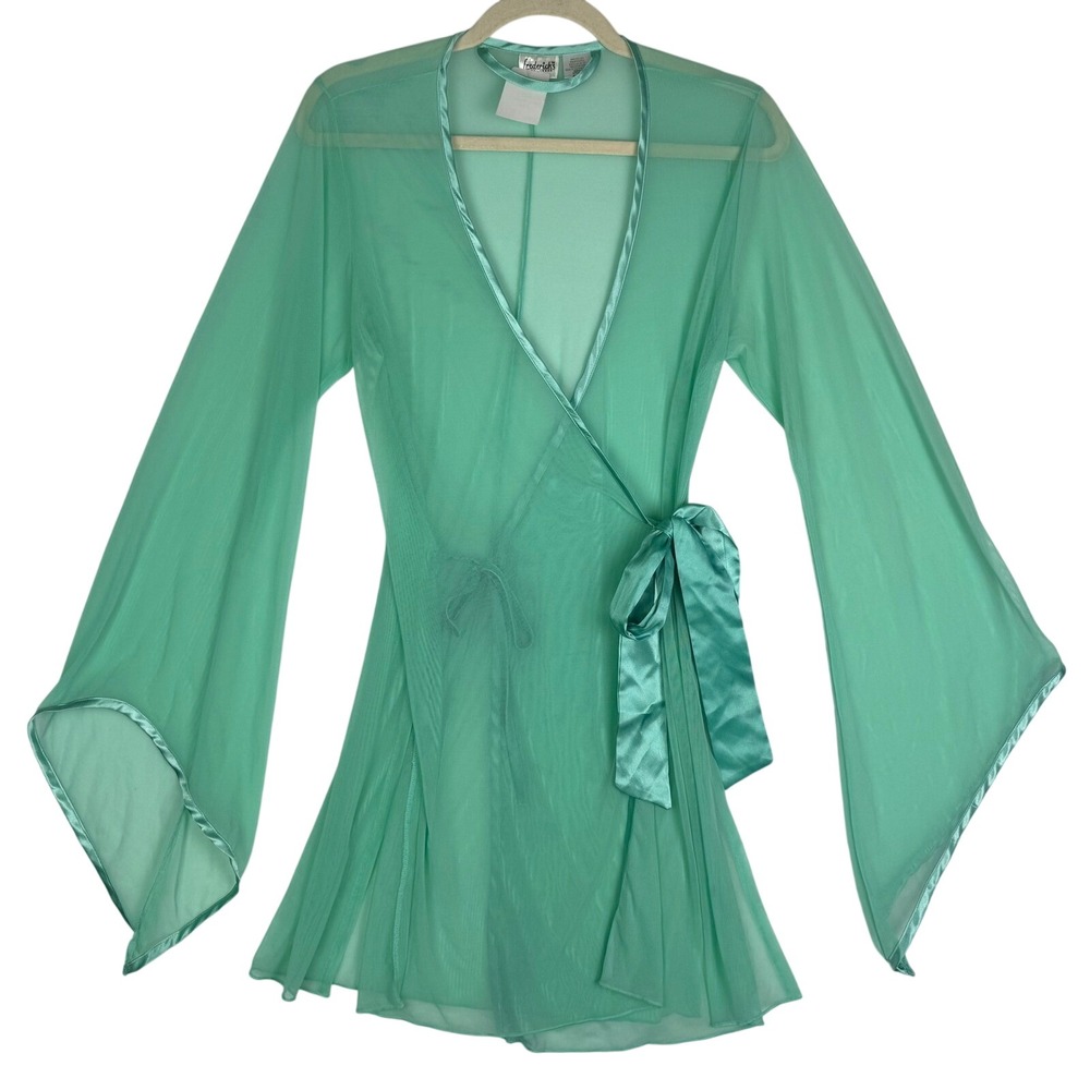 Vtg Frederick's of Hollywood Sheer Robe Mint Green Bell Sleeve RomanticSz M